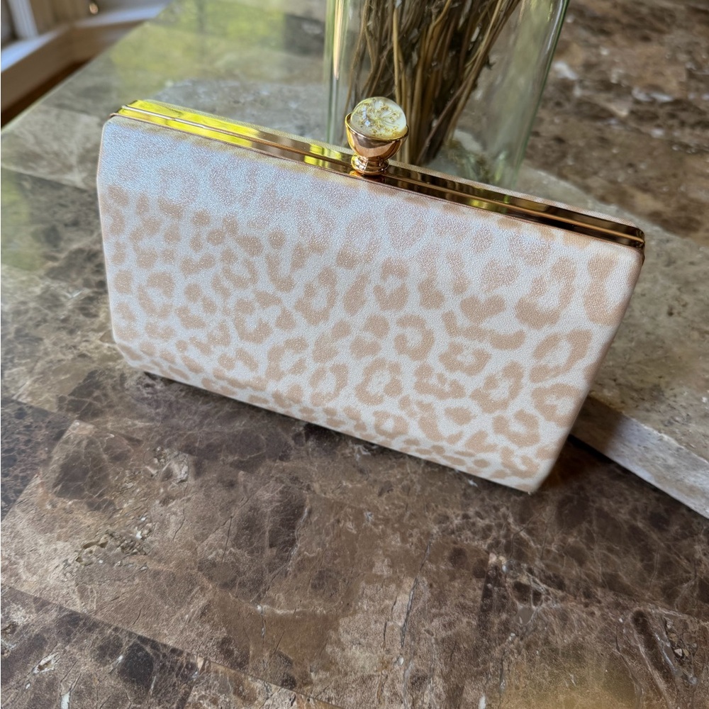 Leopard-Print Evening Clutch - Cream and Gold